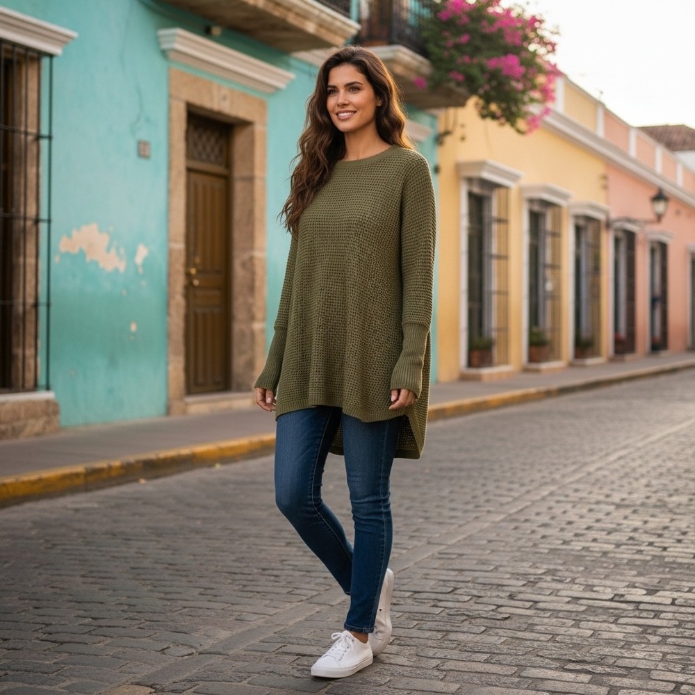 Max Studio Sweater Women's XL Olive Green Waffle Knit Button Back High Low Top